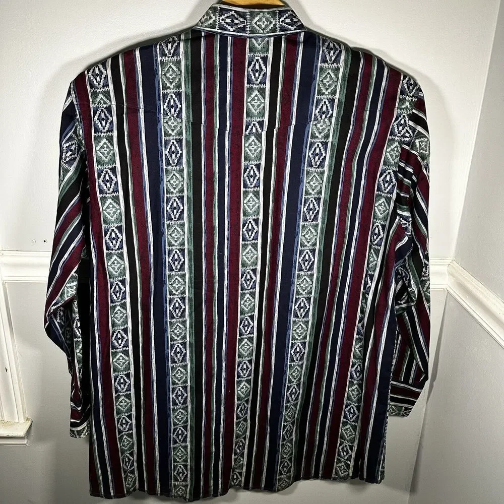 Vintage Wrangler Brushpopper Southwestern Aztec Print Pearl Snap 3XT Cotton‎ - Picture 5 of 5